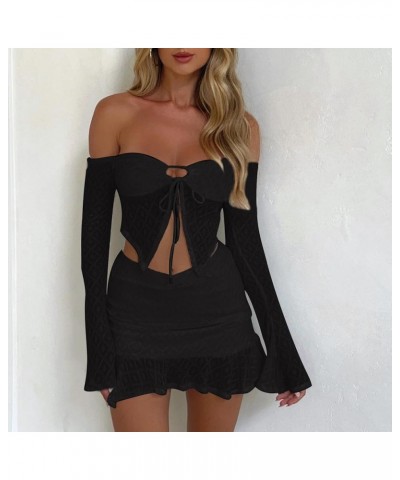 2 Pieces Mini Skirt Set for Women Elegant Lace Strapless Crop Tube Top Bodycon Skirts Y2K Matching Sets Cutout Black $16.11 S...