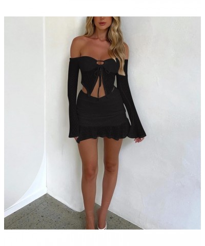 2 Pieces Mini Skirt Set for Women Elegant Lace Strapless Crop Tube Top Bodycon Skirts Y2K Matching Sets Cutout Black $16.11 S...