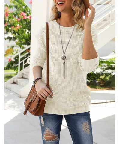 Women's Waffle Knit Pullover Sweaters Long Sleeve Casual Jumper Tops Beige $25.07 Sweaters