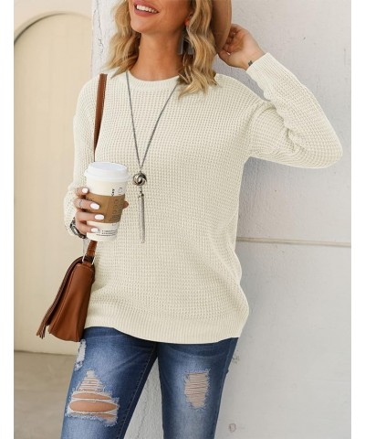 Women's Waffle Knit Pullover Sweaters Long Sleeve Casual Jumper Tops Beige $25.07 Sweaters