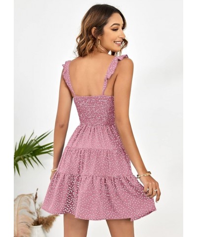 Women's Summer Dress Beach Sexy Sleeveless Flowy Ruffled Strap Polka Dot Mini Dresses Pink $19.68 Dresses