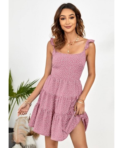 Women's Summer Dress Beach Sexy Sleeveless Flowy Ruffled Strap Polka Dot Mini Dresses Pink $19.68 Dresses