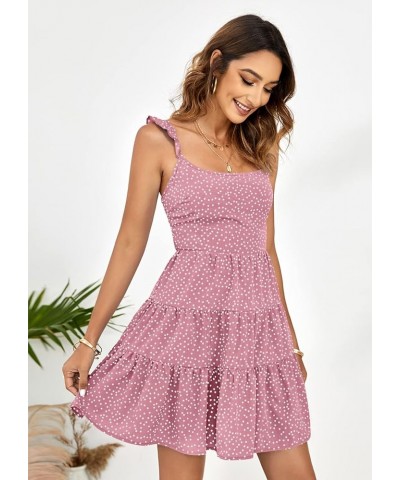 Women's Summer Dress Beach Sexy Sleeveless Flowy Ruffled Strap Polka Dot Mini Dresses Pink $19.68 Dresses