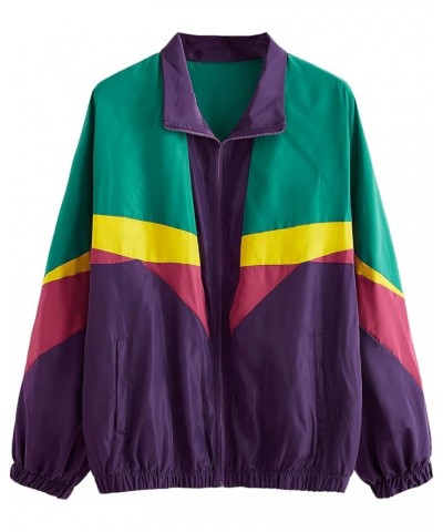 Women's Zip Up Color Block Lightweight Jacket Patchwork Sport Windbreaker Jacket Coat Outerwear Green Purple $17.77 Jackets