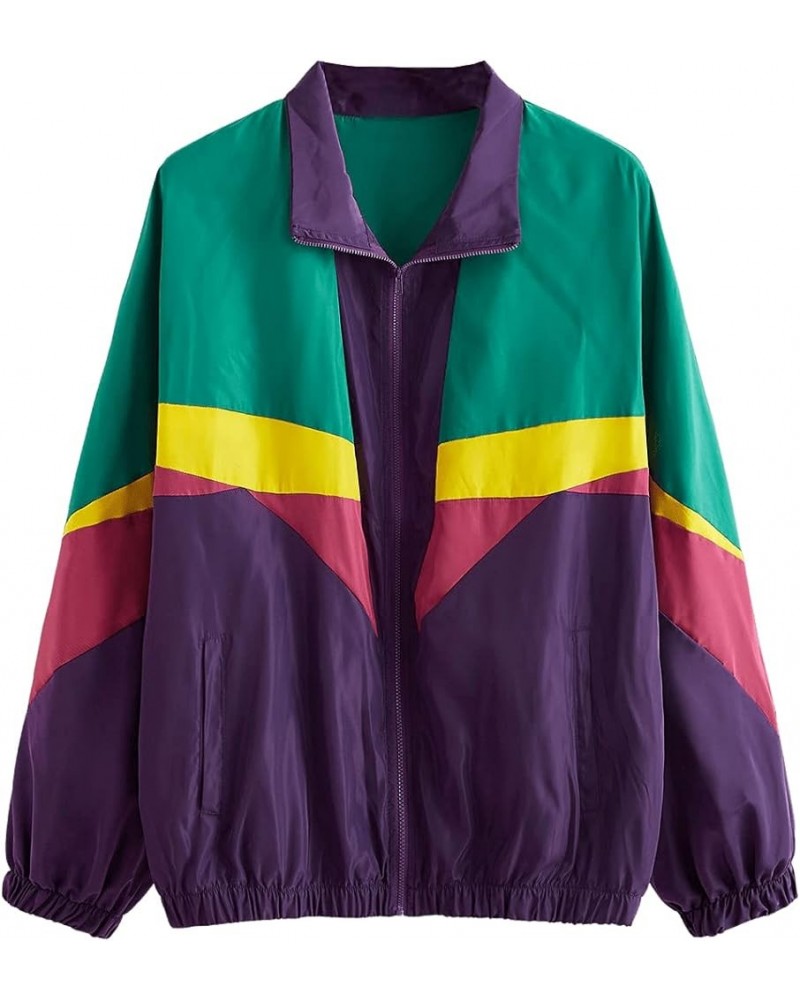 Women's Zip Up Color Block Lightweight Jacket Patchwork Sport Windbreaker Jacket Coat Outerwear Green Purple $17.77 Jackets