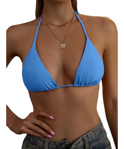 Women's Halter Triangle Bikini Top Tie Back Bathing Suit Top Sexy Swimwear for Women Plain Blue $12.25 Swimsuits