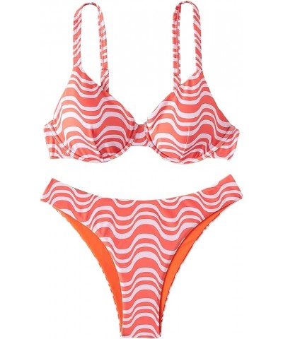 Women's Two Piece Cherry Print High Cut Underwire Triangle Bikini Swimsuit Wave Stripe Orange $12.00 Swimsuits