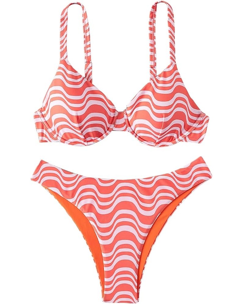 Women's Two Piece Cherry Print High Cut Underwire Triangle Bikini Swimsuit Wave Stripe Orange $12.00 Swimsuits