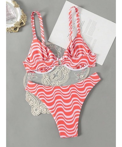 Women's Two Piece Cherry Print High Cut Underwire Triangle Bikini Swimsuit Wave Stripe Orange $12.00 Swimsuits