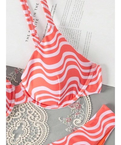 Women's Two Piece Cherry Print High Cut Underwire Triangle Bikini Swimsuit Wave Stripe Orange $12.00 Swimsuits