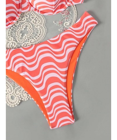 Women's Two Piece Cherry Print High Cut Underwire Triangle Bikini Swimsuit Wave Stripe Orange $12.00 Swimsuits