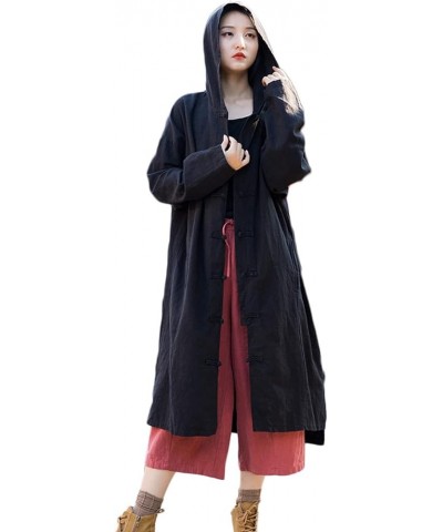 Women's Long Trench Coat Cotton Linen Hoodie Duster Jacket Long Sleeve Chinese Style Outwear with Pocket Black $35.09 Coats