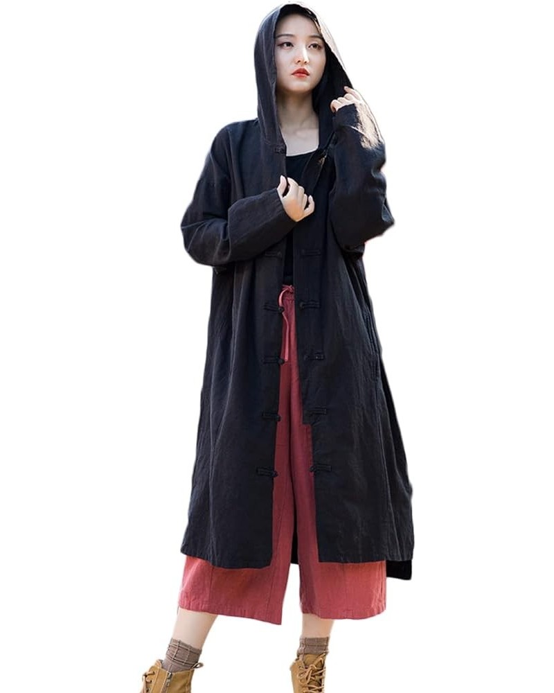 Women's Long Trench Coat Cotton Linen Hoodie Duster Jacket Long Sleeve Chinese Style Outwear with Pocket Black $35.09 Coats