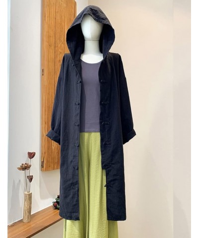 Women's Long Trench Coat Cotton Linen Hoodie Duster Jacket Long Sleeve Chinese Style Outwear with Pocket Black $35.09 Coats