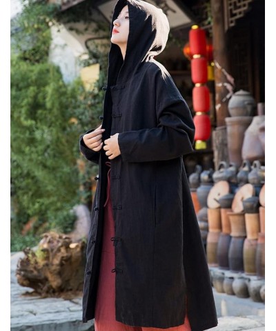 Women's Long Trench Coat Cotton Linen Hoodie Duster Jacket Long Sleeve Chinese Style Outwear with Pocket Black $35.09 Coats