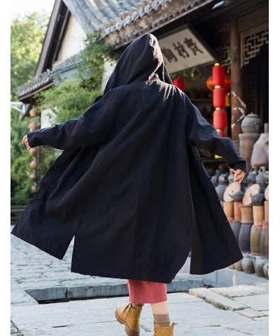 Women's Long Trench Coat Cotton Linen Hoodie Duster Jacket Long Sleeve Chinese Style Outwear with Pocket Black $35.09 Coats