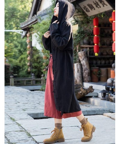 Women's Long Trench Coat Cotton Linen Hoodie Duster Jacket Long Sleeve Chinese Style Outwear with Pocket Black $35.09 Coats