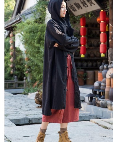 Women's Long Trench Coat Cotton Linen Hoodie Duster Jacket Long Sleeve Chinese Style Outwear with Pocket Black $35.09 Coats