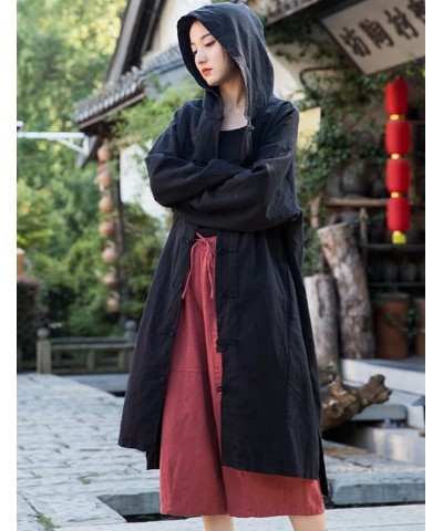 Women's Long Trench Coat Cotton Linen Hoodie Duster Jacket Long Sleeve Chinese Style Outwear with Pocket Black $35.09 Coats