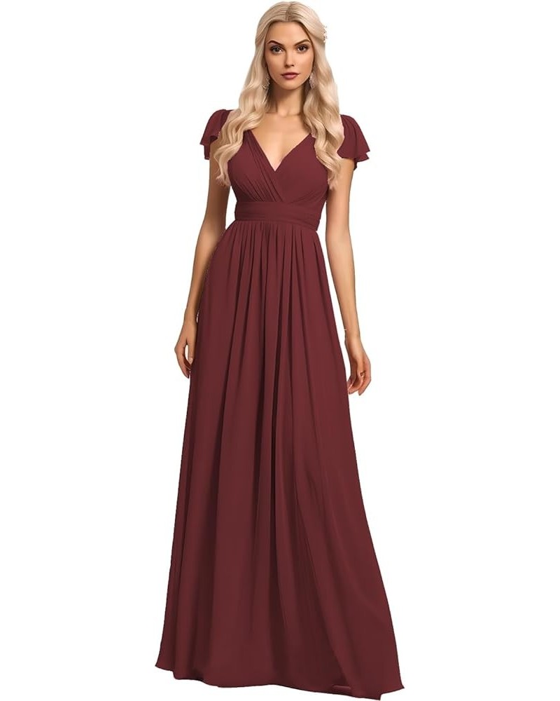 Short Sleeve Chiffon Bridesmaid Dress with Pockets Long V-Neck Formal Dress for Women WD069 Burgundy $36.81 Dresses