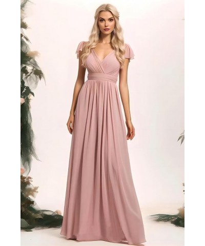 Short Sleeve Chiffon Bridesmaid Dress with Pockets Long V-Neck Formal Dress for Women WD069 Burgundy $36.81 Dresses