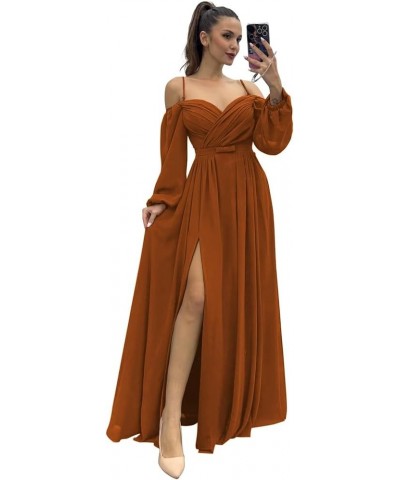 Women's Off The Shoulder Long Sleeve Chiffon Bridesmaid Dresses Long Slit Spaghetti Strap Formal Party Dress Burnt Orange $32...