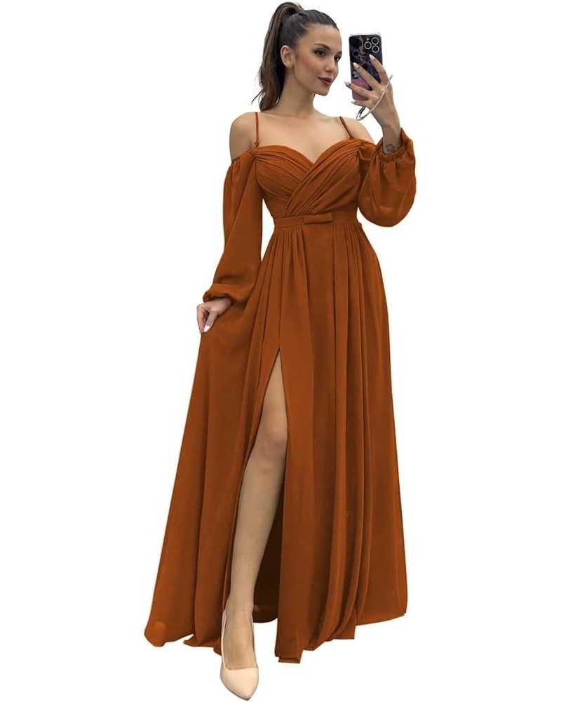 Women's Off The Shoulder Long Sleeve Chiffon Bridesmaid Dresses Long Slit Spaghetti Strap Formal Party Dress Burnt Orange $32...