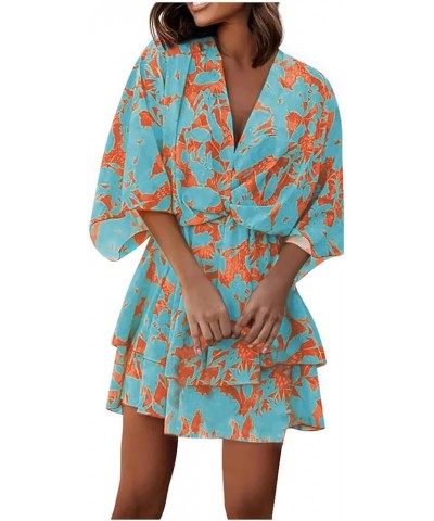 2023 Fall Women Bohemian Floral Dress Deep V Neck Ruffle Swing A Line Dress 3/4 Sleeve Beach Halloween Dress 02-blue $16.73 D...