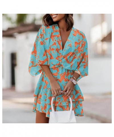 2023 Fall Women Bohemian Floral Dress Deep V Neck Ruffle Swing A Line Dress 3/4 Sleeve Beach Halloween Dress 02-blue $16.73 D...