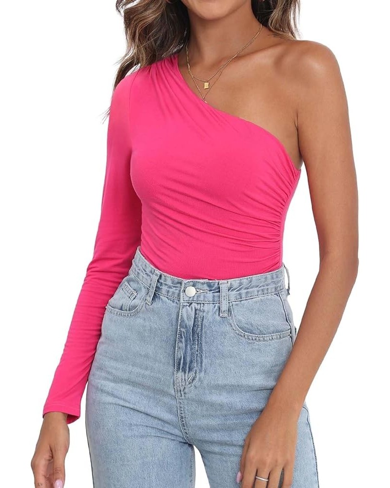 Womens One Shoulder Bodysuit Tops Cute Sexy Ruched Bodysuits Long One Sleeve Leotard Hot Pink $11.19 Bodysuits