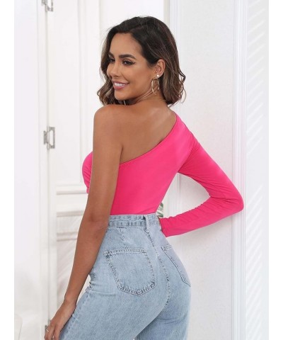 Womens One Shoulder Bodysuit Tops Cute Sexy Ruched Bodysuits Long One Sleeve Leotard Hot Pink $11.19 Bodysuits