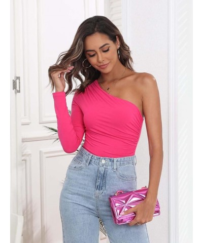 Womens One Shoulder Bodysuit Tops Cute Sexy Ruched Bodysuits Long One Sleeve Leotard Hot Pink $11.19 Bodysuits