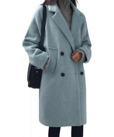 Women's Casual Warm Notch Lapel Double Breasted Long Pea Coat Solid Overcoat with Pockets Light Blue $23.95 Jackets