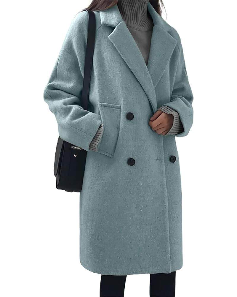 Women's Casual Warm Notch Lapel Double Breasted Long Pea Coat Solid Overcoat with Pockets Light Blue $23.95 Jackets