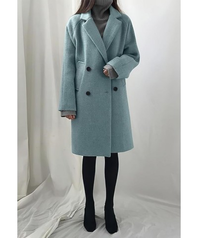 Women's Casual Warm Notch Lapel Double Breasted Long Pea Coat Solid Overcoat with Pockets Light Blue $23.95 Jackets