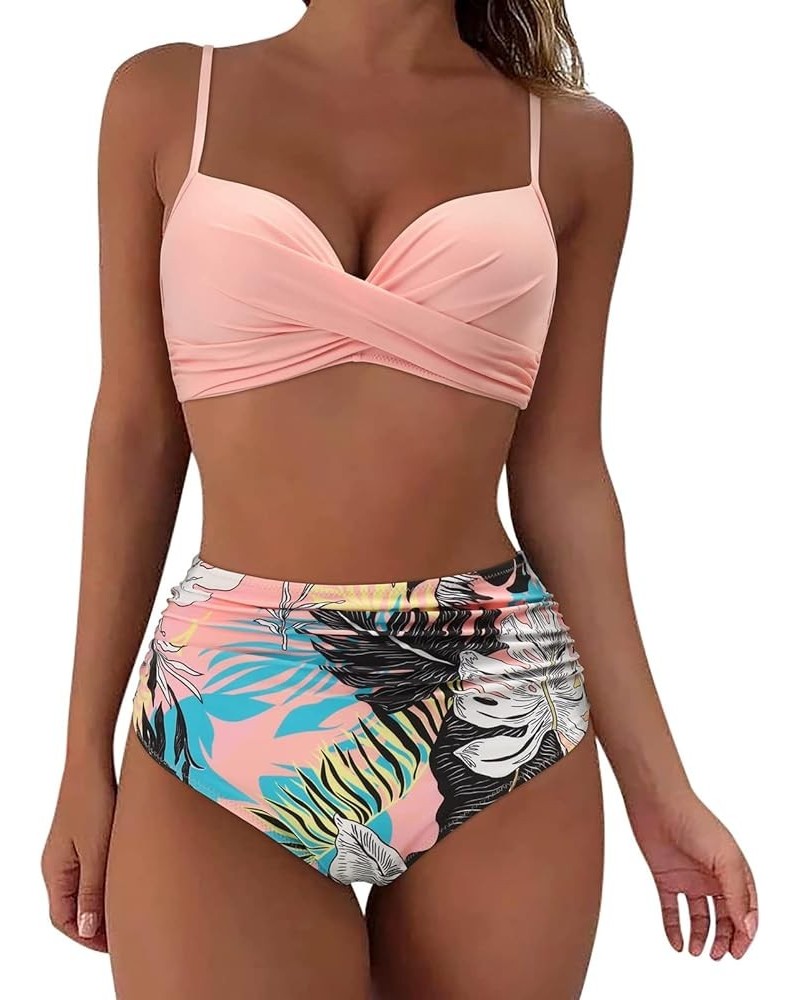 Women High Waisted Bikini Set Two Piece Swimsuits Push up Wrap Swim Suits Top Tummy Control Bathing Suit Bottom B02-pink $7.0...