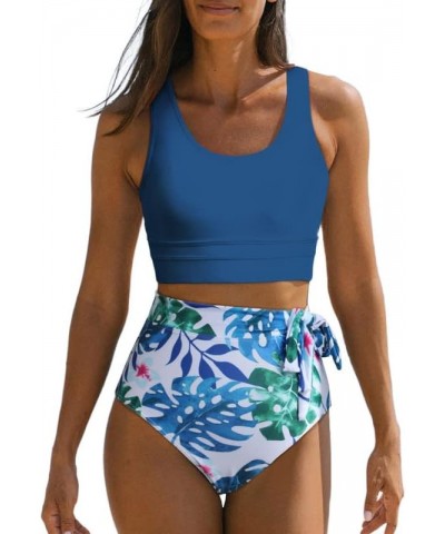 Womens Scoop Neck Racerback High Waisted Bikini Sets Two Piece Swimsuit Floral Print Tummy Control Bathing Suit Sky Blue $17....