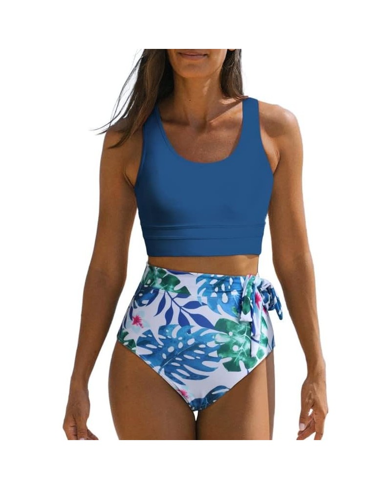 Womens Scoop Neck Racerback High Waisted Bikini Sets Two Piece Swimsuit Floral Print Tummy Control Bathing Suit Sky Blue $17....