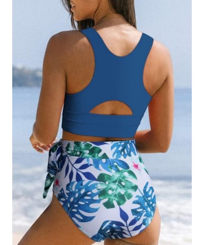 Womens Scoop Neck Racerback High Waisted Bikini Sets Two Piece Swimsuit Floral Print Tummy Control Bathing Suit Sky Blue $17....