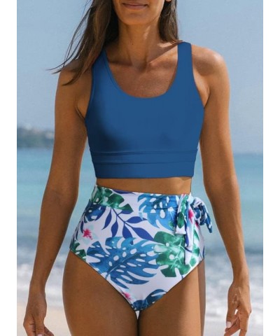 Womens Scoop Neck Racerback High Waisted Bikini Sets Two Piece Swimsuit Floral Print Tummy Control Bathing Suit Sky Blue $17....