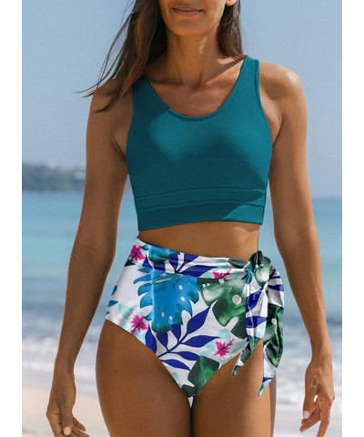 Womens Scoop Neck Racerback High Waisted Bikini Sets Two Piece Swimsuit Floral Print Tummy Control Bathing Suit Sky Blue $17....