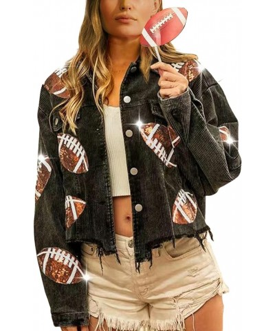 Women Cropped Corduroy Jacket Vintage Sequin Football Patched Shacket Jacket Outwear Black $11.75 Jackets