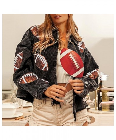 Women Cropped Corduroy Jacket Vintage Sequin Football Patched Shacket Jacket Outwear Black $11.75 Jackets