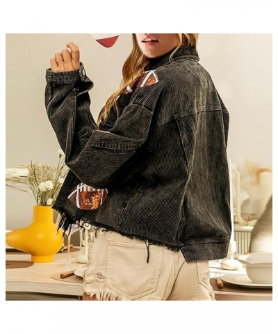 Women Cropped Corduroy Jacket Vintage Sequin Football Patched Shacket Jacket Outwear Black $11.75 Jackets