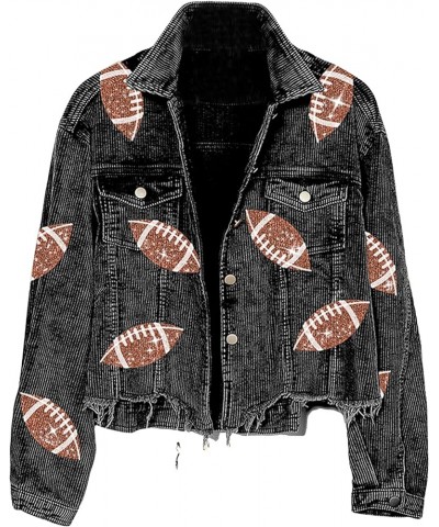 Women Cropped Corduroy Jacket Vintage Sequin Football Patched Shacket Jacket Outwear Black $11.75 Jackets