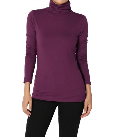 Women's Essential Soft Jersey Ruched Turtle Neck Long Sleeve Slim Fit Top T-Shirt Dark Plum $9.03 Tops