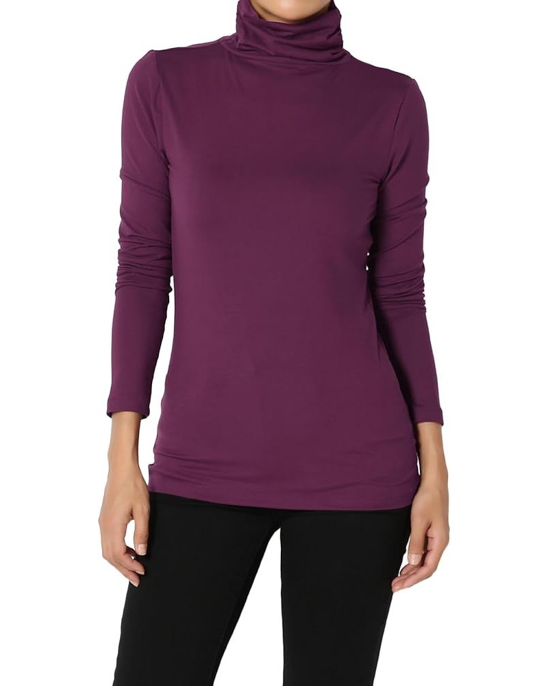 Women's Essential Soft Jersey Ruched Turtle Neck Long Sleeve Slim Fit Top T-Shirt Dark Plum $9.03 Tops