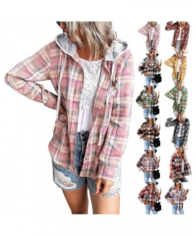 Fall Jackets For Women 2023, Casual Loose Plaid Flannel Long Sleeve Button Down Hoodie Coat A-pink $9.45 Jackets