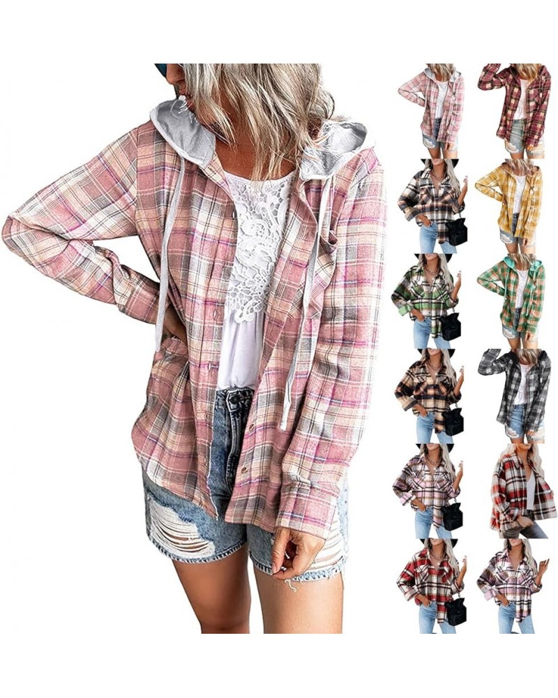 Fall Jackets For Women 2023, Casual Loose Plaid Flannel Long Sleeve Button Down Hoodie Coat A-pink $9.45 Jackets