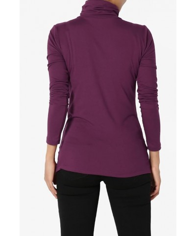 Women's Essential Soft Jersey Ruched Turtle Neck Long Sleeve Slim Fit Top T-Shirt Dark Plum $9.03 Tops